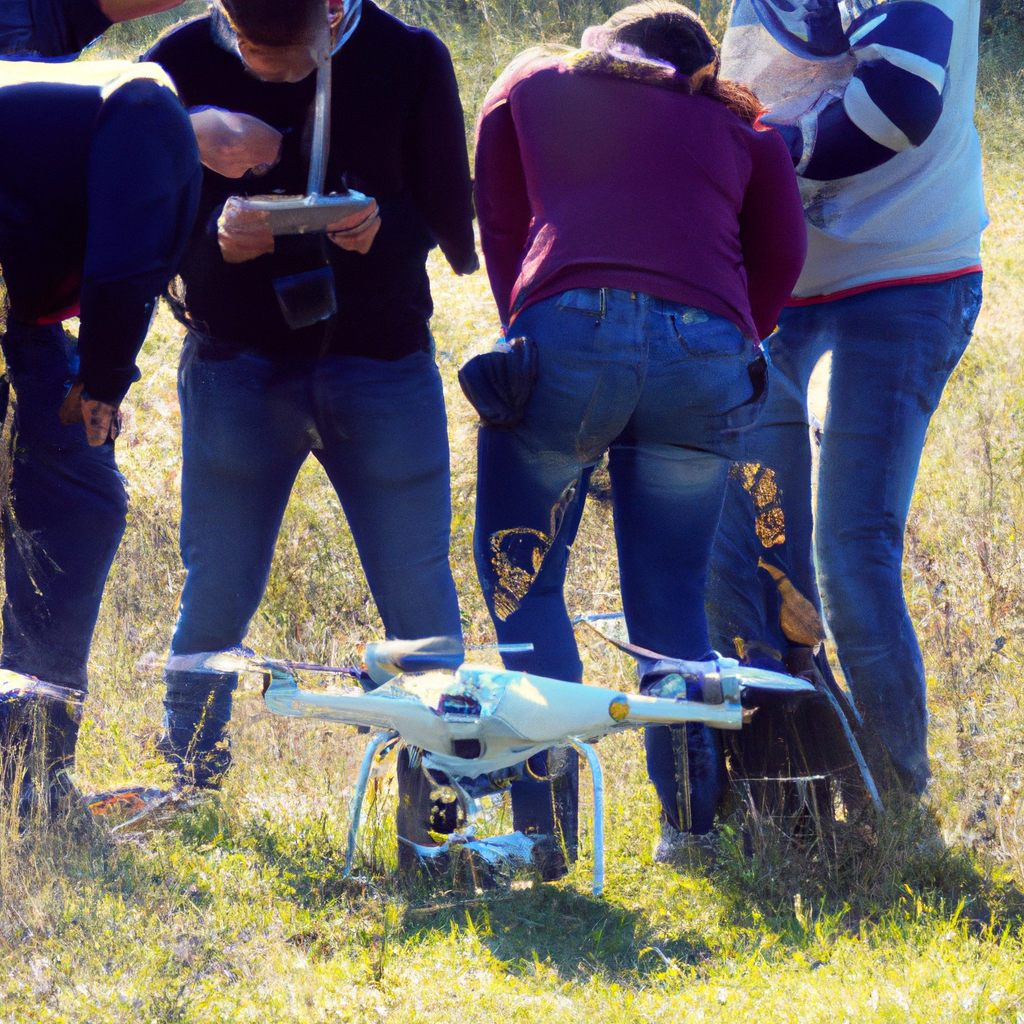 Formation drone en plein air en France: apprenants pilotant un quadricoptère avec contrôleur, style minimaliste lumineux